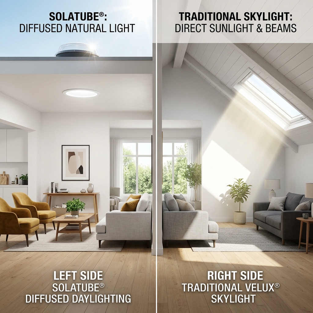 Comparativa de iluminación natural entre tubo solar Solatube y claraboya Velux