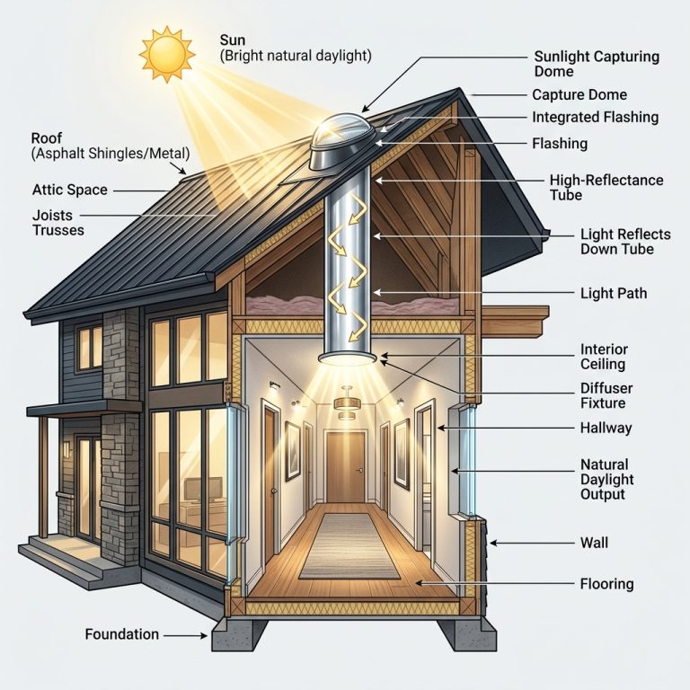 Infografía del funcionamiento del tubo solar Solatube y su reflectividad