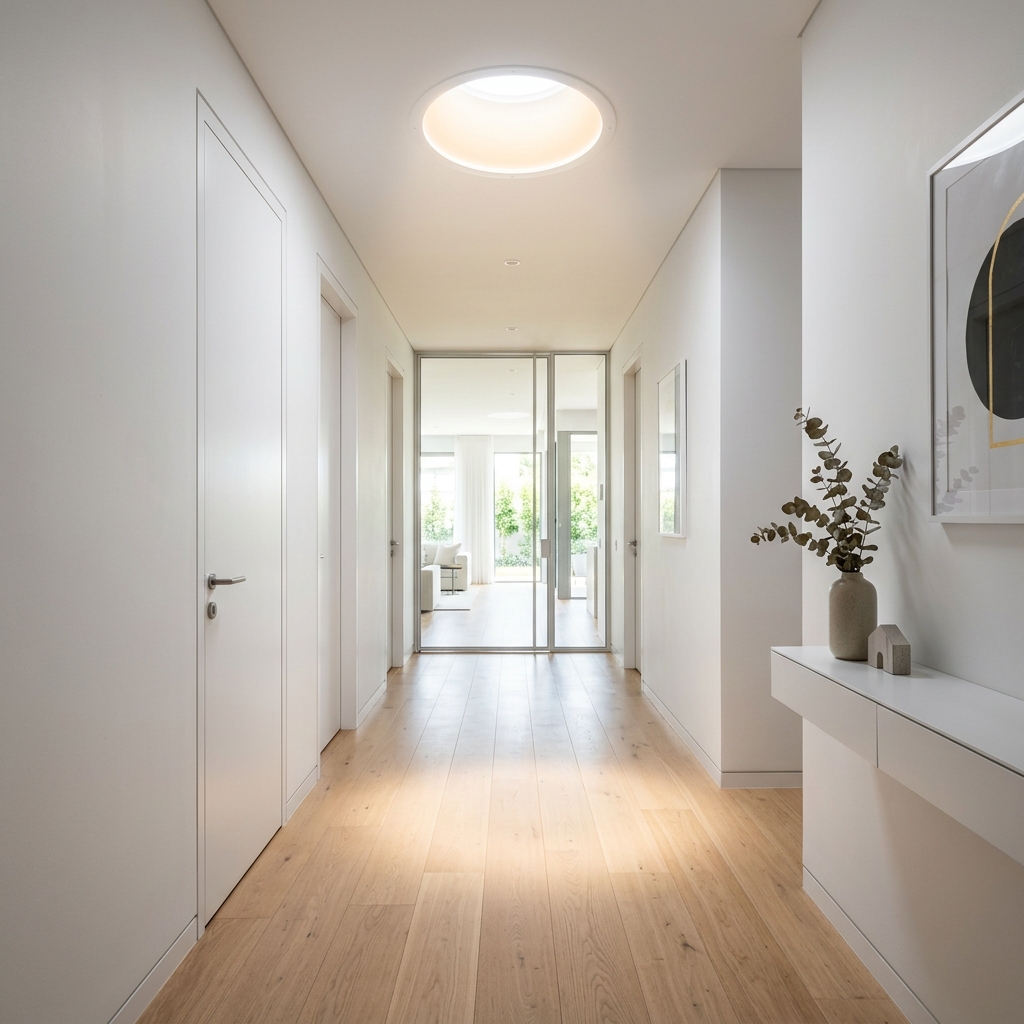 Instalación de tubo solar en pasillo de vivienda unifamiliar para iluminar zonas oscuras