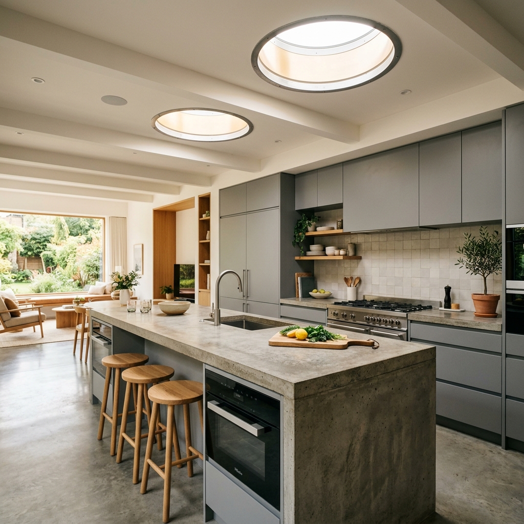 Cocina moderna iluminada de forma natural con dos kits de tubo solar Solatube